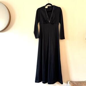 Vintage 70s Black Rhinestone V Neck Maxi Dress Long Sleeve Formal Goth Fairy M